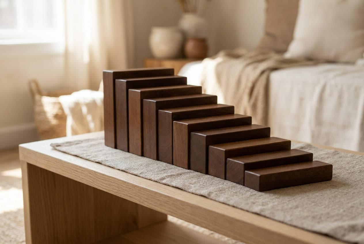 Illustration: the Montessori brown stair, ten brown wooden prisms laid side by side from thickest to thinnest on a linen mat.