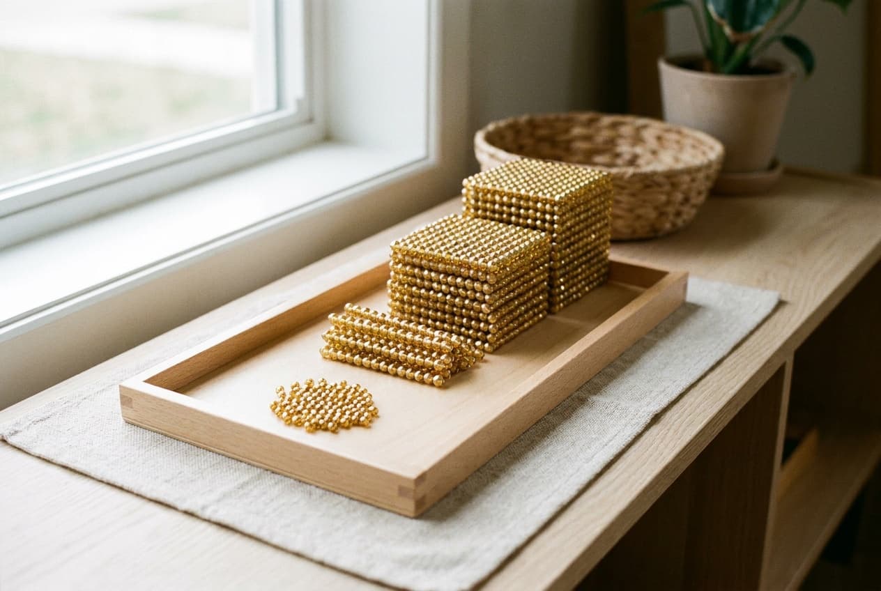 Illustration: the Montessori golden beads (golden bead material) on a wooden tray: loose unit beads, ten bars, hundred squares and thousand cubes.