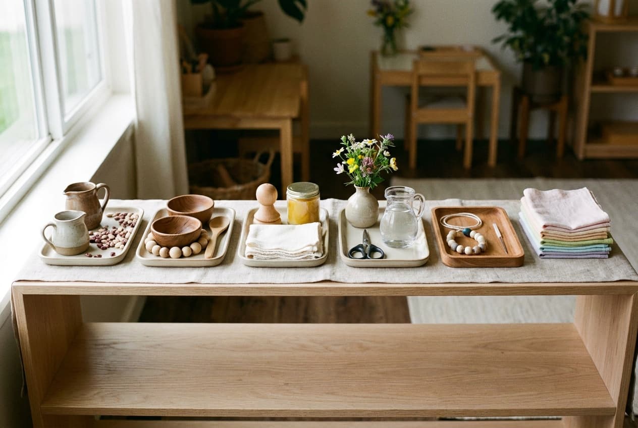 Illustration: a low Montessori shelf of pale wood in a quiet room, with six practical life and sensorial works each set out on its own tray.